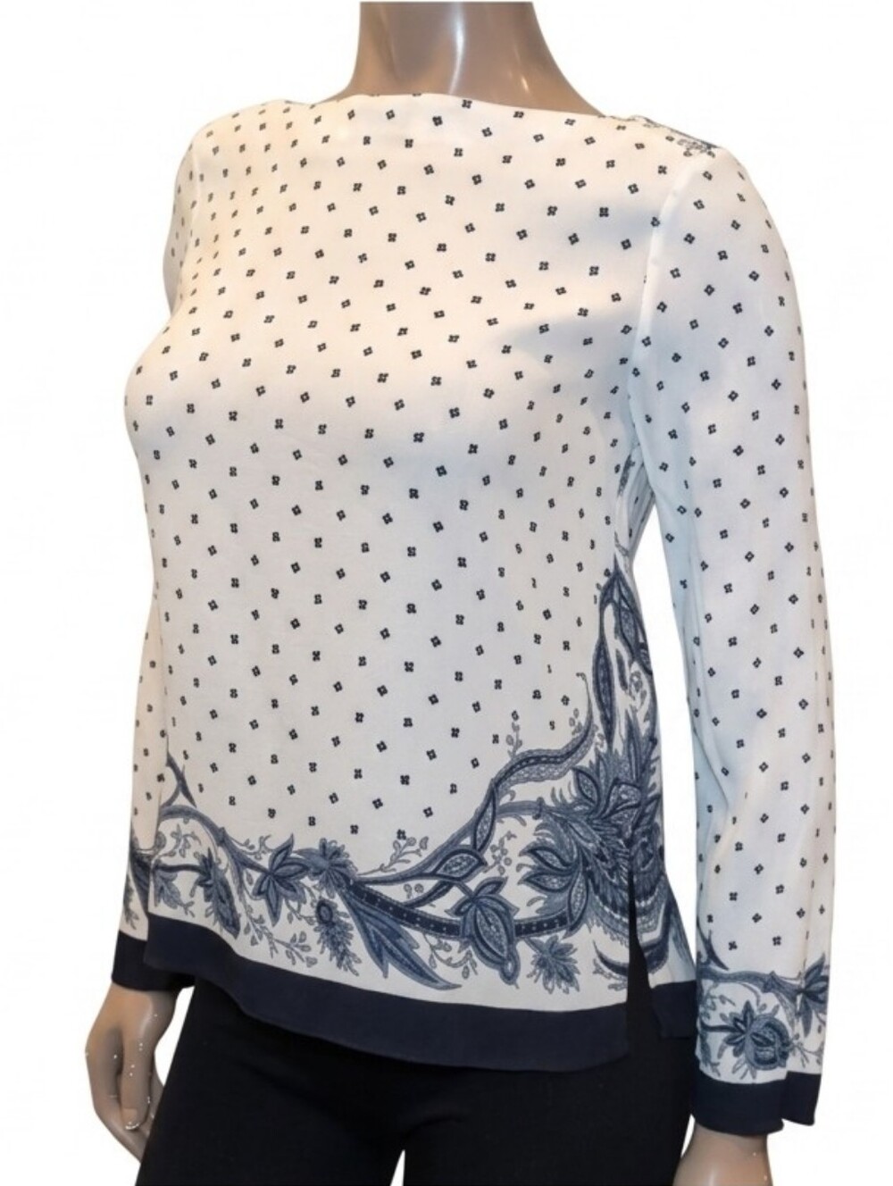 Zara Batik Print Blouse Long Sleeve Floral Border Side Slit Ecru Navy Top Small